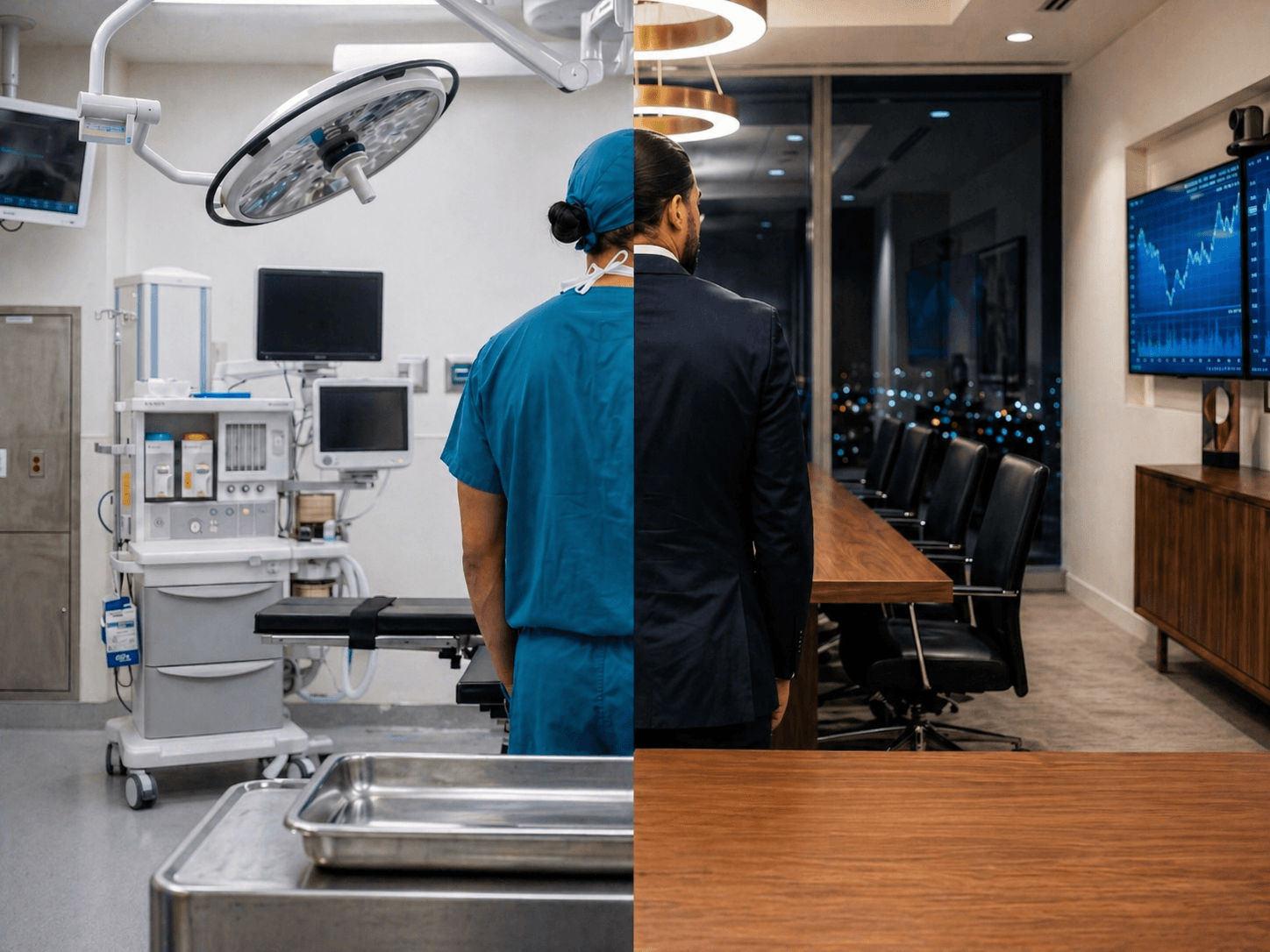 Clinician in the operating room and operator in the boardroom — a split-frame portrait.
